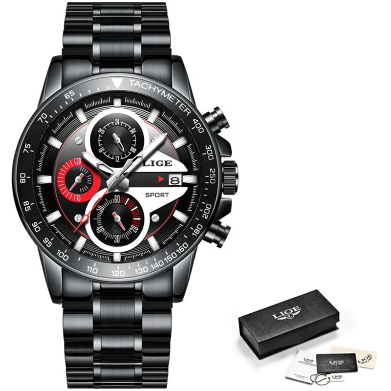 steel Full Black LIGE модные мужские часы, мужские креативные бизнес-часы с хронографом, кварцевые часы из нержавеющей стали, водонепроницаемые мужские часы, мужские часы - Цвет: steel Full Black