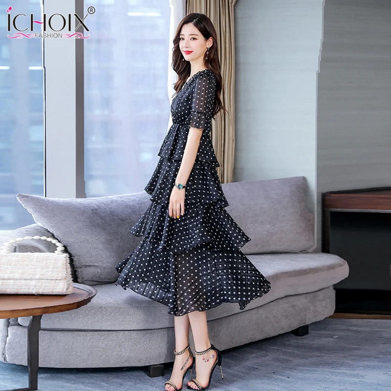 2019 винтажное шифоновое платье Комплект из элегантных горошек Макси Летнее