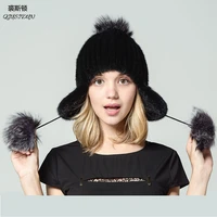 a real mink fur knitted hat natural fox hair ball winter warm hat russian women ear cap fur pompom beanie womens winter hats
