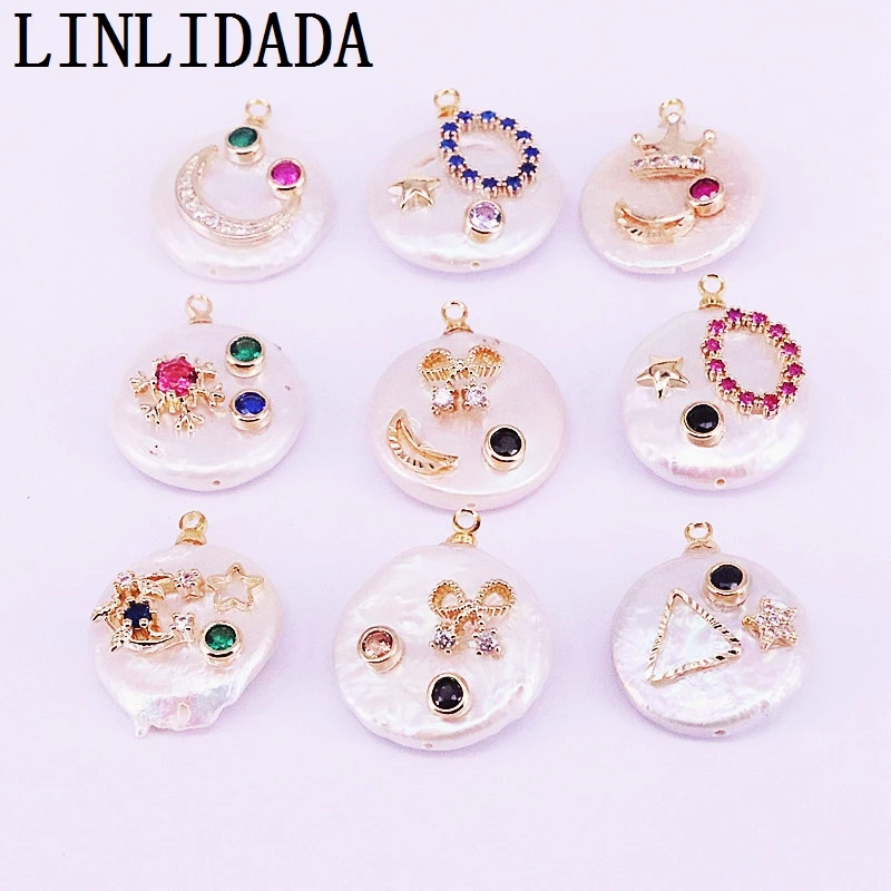 

8Pcs Fashion Mix style Coin Freshwater Pearl Micro Paved CZ pendant Delicate Zircon Inlay Pearl charm, For Jewelry Making