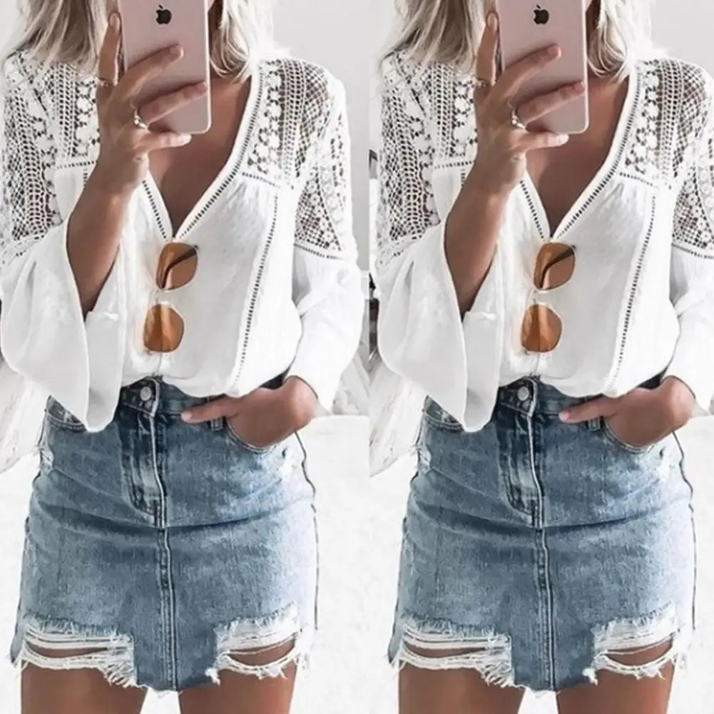 Yfashion кружевная открытая белая блузка женская однотонная шифоновая с v-образным вырезом кружевная стильная блузка с роговыми рукавами прошитая блузка женская femme