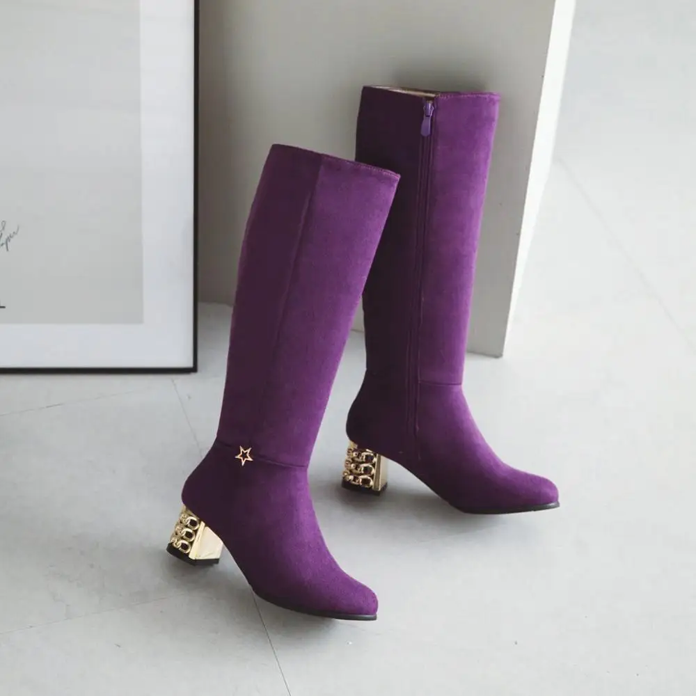 Фиолетовые зеленые черные зимние женские сапоги до колена удобные модные на
