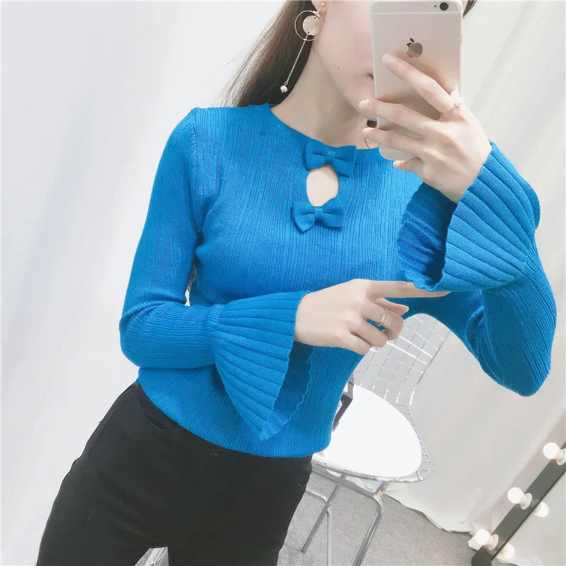 Осенне-зимний свитер для женщин 2018 Новый однотонный вязаный с бантом и
