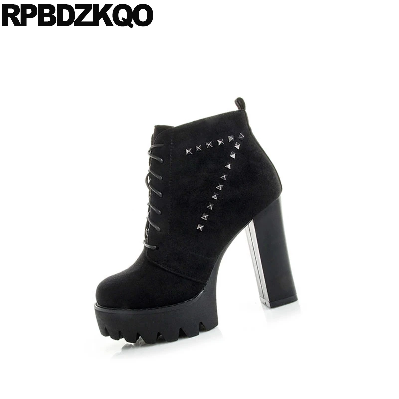 Женские ботильоны на очень высоком каблуке черные ботинки с круглым носком