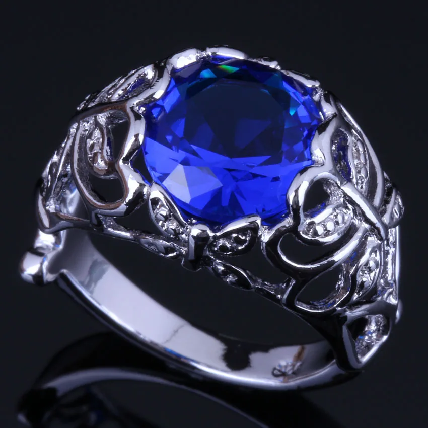 

Gleaming Round Blue Cubic Zirconia Silver Plated Ring V0445