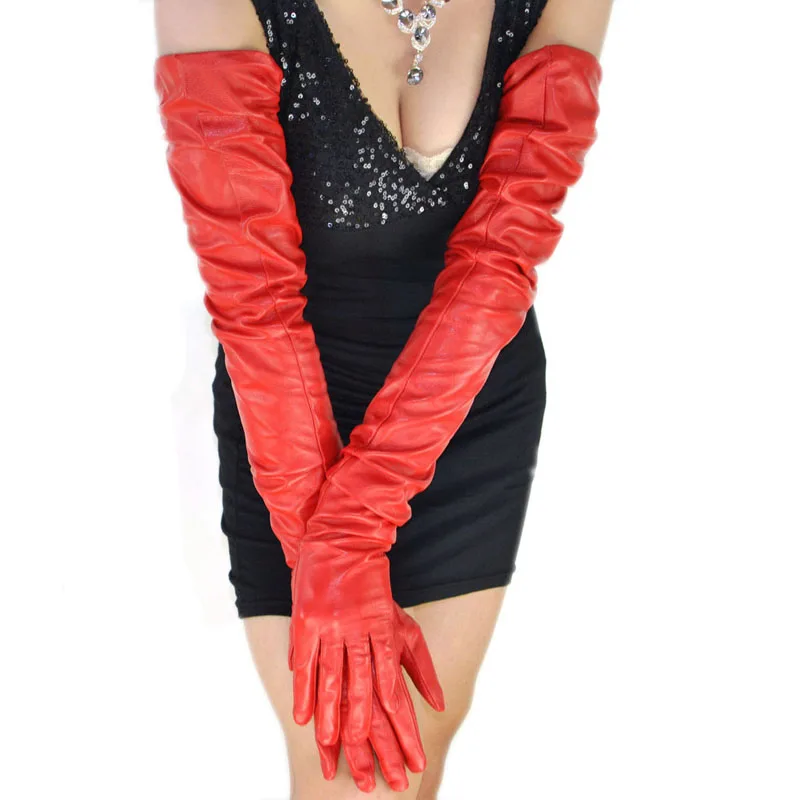 Women 80cm(31.5")Long Plain Super Long Real Sheep Leather Opera Red Gloves