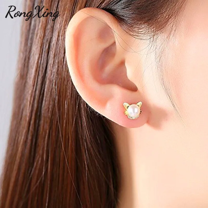 Женские серьги гвоздики RongXing с милым животным жемчугом и котом серебряные