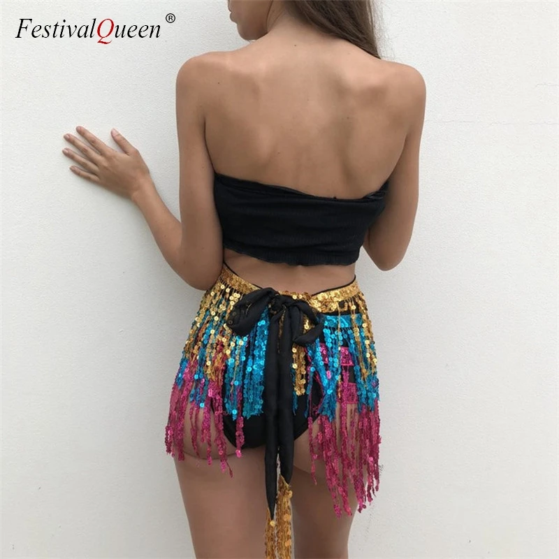 FestivalQueen 2018 новая бандажная юбка с бахромой и блестками женские летние пляжные