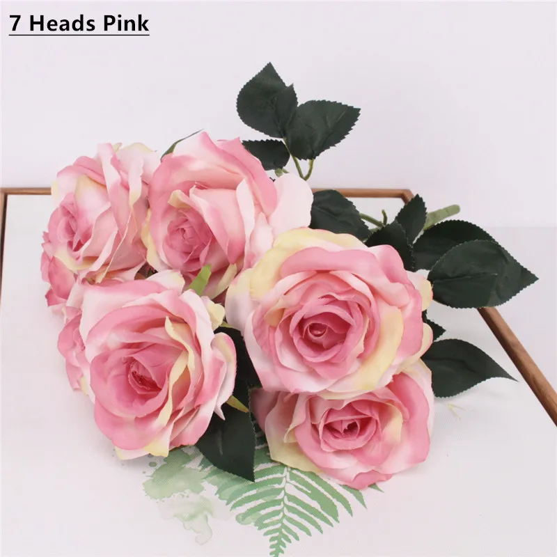 7 heads pink Дешевые 7/9/10 глав один пучок искусственный букет роз Шелковый декоративный цветок Свадебная вечеринка Рождественский Декор цветок материалы искусственные цветы тычинки цветов декор дома - Цвет: 7 heads pink