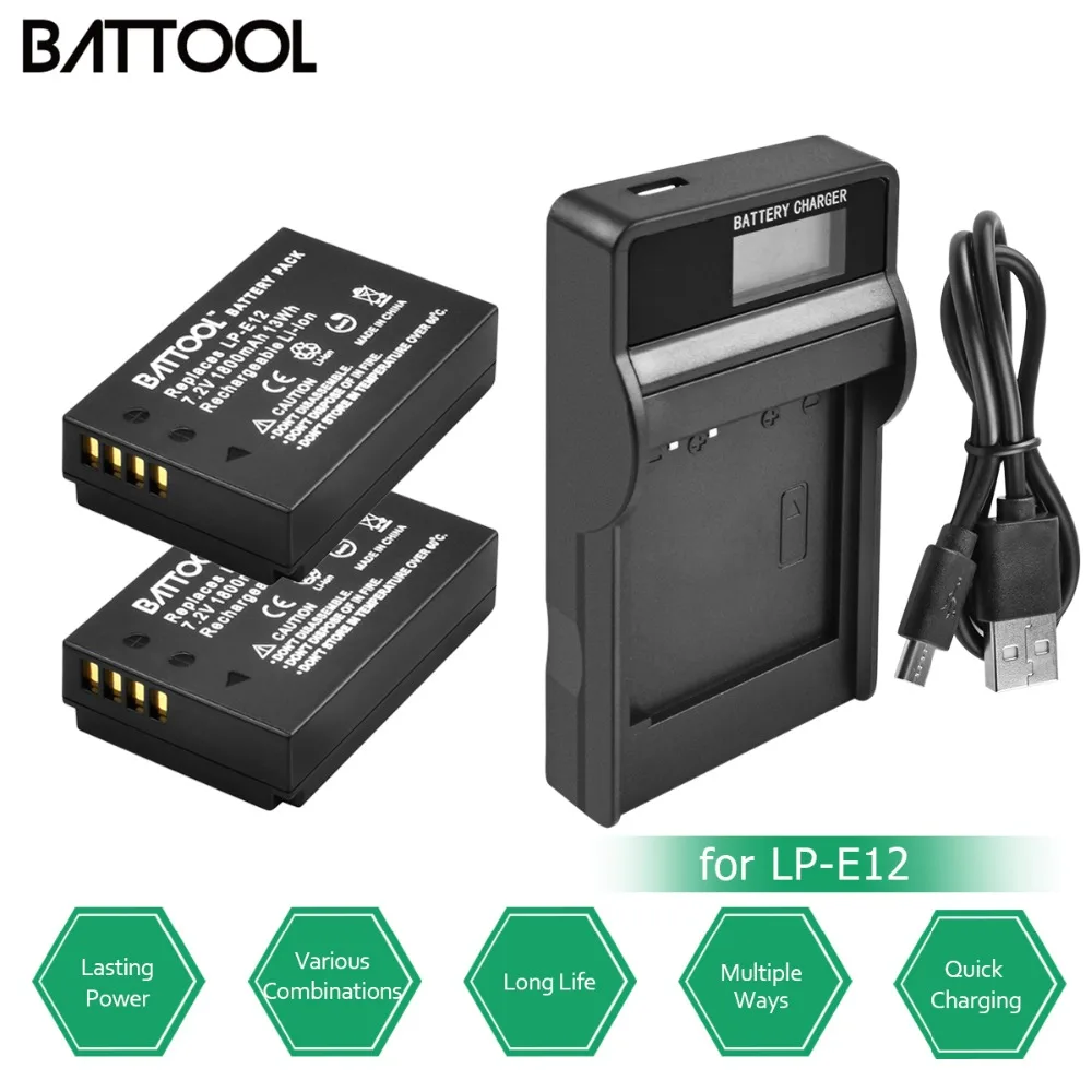 2 упаковки Battool LP-E12 LPE12 LP E12 батарея 7,2 V 1800mAh+ 1 USB зарядное устройство со светодиодный для Canon EOS M10 M100 M2 100D Kiss X7 Rebel SL1
