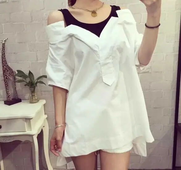 Summer Style 2015 Korean Fashion Off Shoulder Side Split Shirt Top Black White Patchwork vestido de festa D96 |