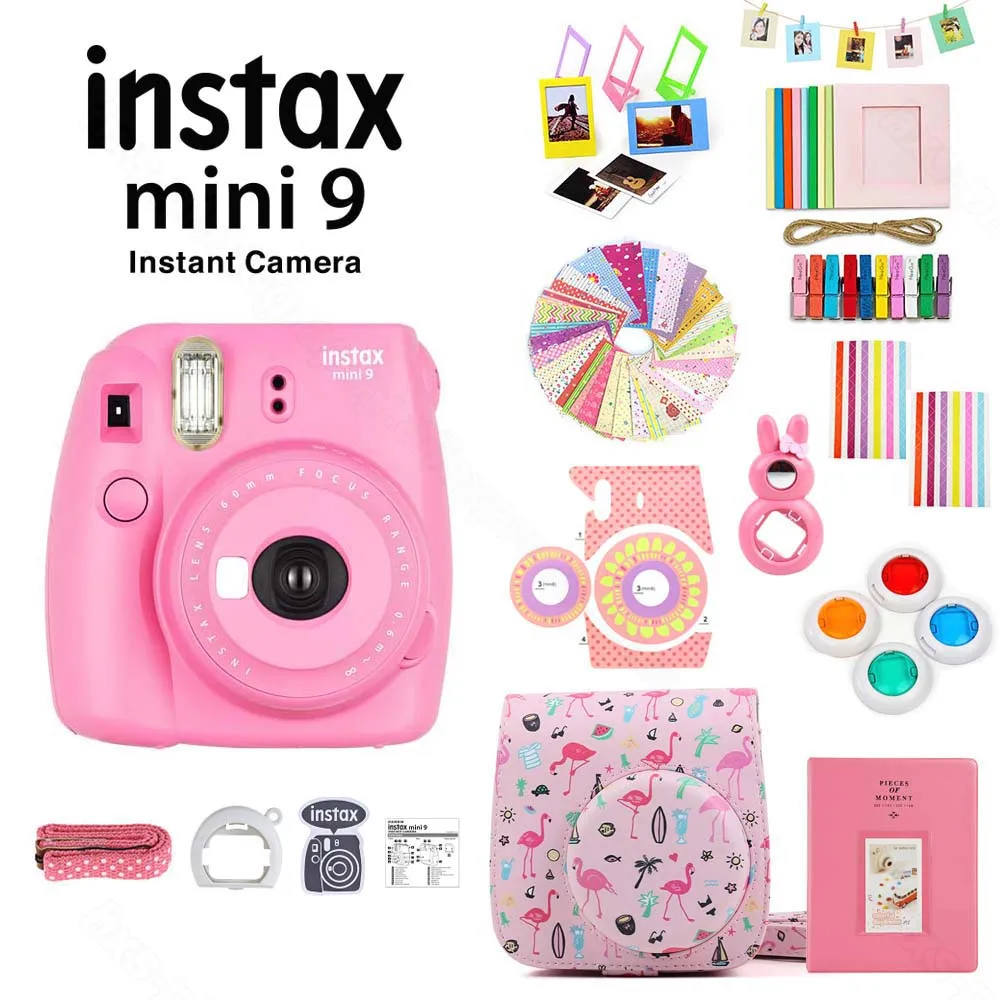 Flamingo Pink Kit Fuji Fujifilm Instax Mini 9 мгновенная камера и набор аксессуаров, включая из искусственной кожи чехол/альбом/Фильтры для объектива/наклейки/фоторамки - Цвет: Flamingo Pink Kit