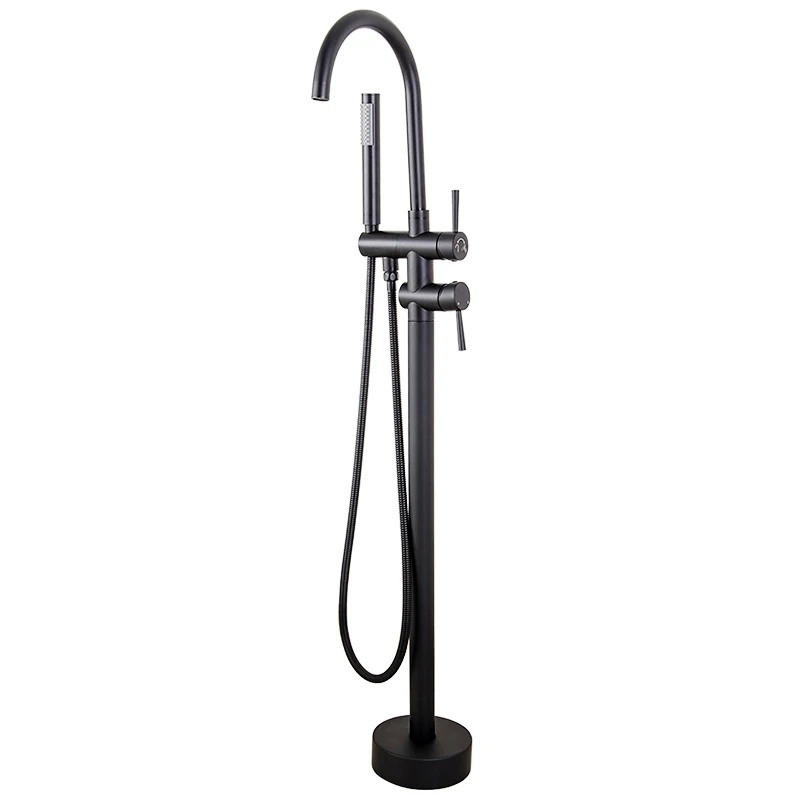 

Luxurious Wholesale Matt Black High Rise Round Spout Bath Mixer Tap Floor Mounted Bathtub Filler Shower Roman Tub Faucet Set