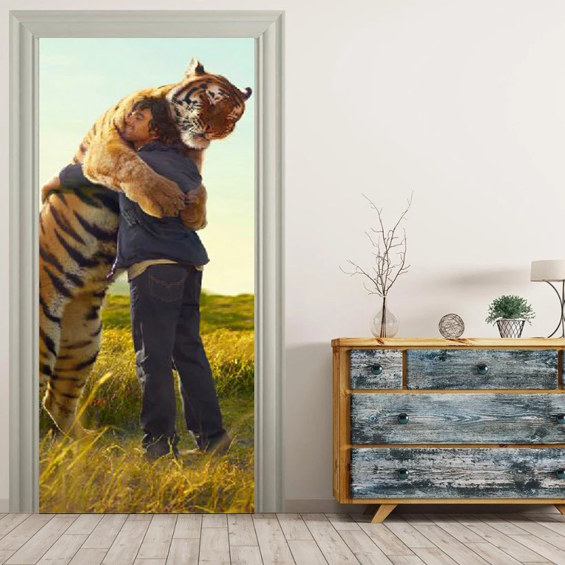 Tiger Embrace Man Picture Wall Murals Stickers Door Sticker Wallpaper Decals Home Decoration Aug083048 | Дом и сад