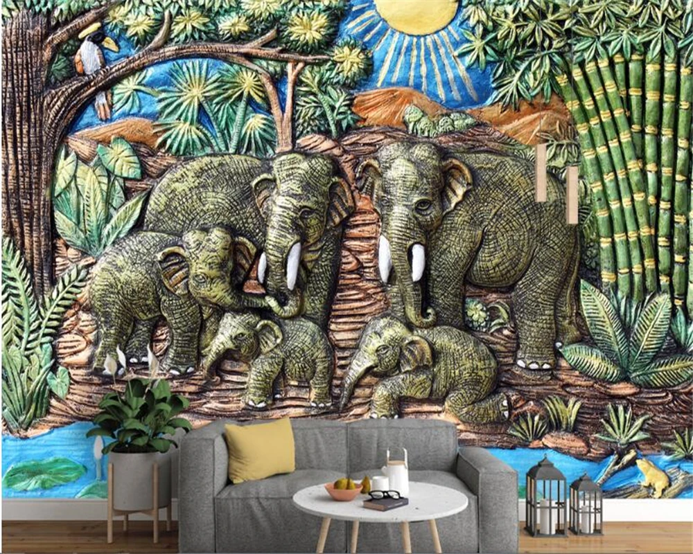 beibehang Custom fashion personalized wallpaper Southeast Asia style elephant wood relief mural wall paper home decor background |