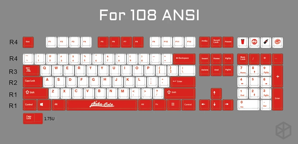 Nuca Cola Fallout Вишневый профиль Keycap набор толстый PBT белый красный лазер гравированный dip краситель gh60 xd64 xd84 96 87 104 k70 razer corsair