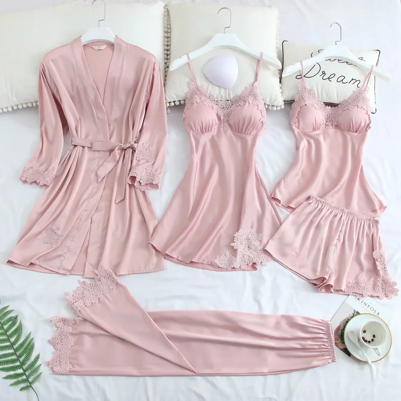 

Navy Blue Pajamas For Women Sexy Lace Trimmed Nightwear Satin Pajamas With Shorts 5-Piece Sleepwear Suits Casual Home Clothes