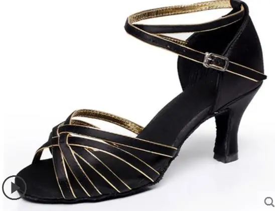 gold BLACK heel5.5cm Женская обувь для латинских танцев; обувь на высоком каблуке из воловьей кожи с мягкой подошвой; Черная сатиновая спортивная обувь для латинских танцев; дешевая обувь для девочек; практическая обувь; Большие скидки - Цвет: gold BLACK heel5.5cm