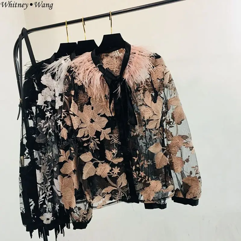 Уитни Ван 2019 Весенняя мода уличная страуса перо лоскутное кружево Florals Вышивка