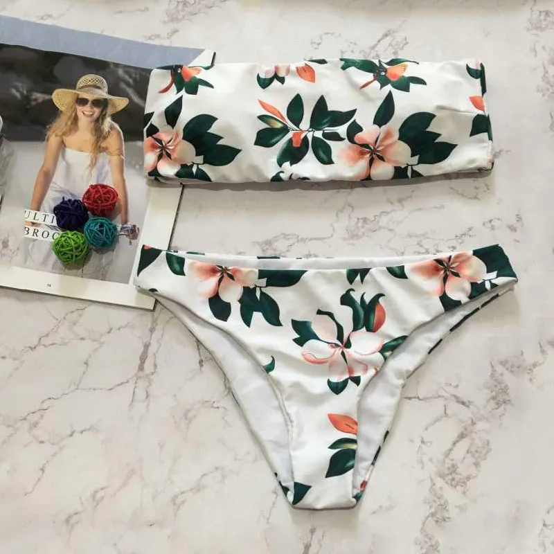 Sexy Bandeau Bikini 2018 Women Floral Printed Swimwear Tube Top Bathing Suit Low Waist Swimsuit Strapless Set Beach Wear |