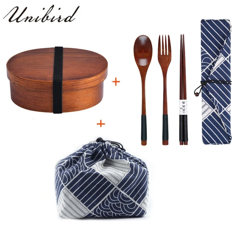 

Unibird Wooden Lunch Box for Picnic Compartment Sushi Food Container for Kids Bento Box with Bag&Spoon Chopsticks Dinnerware Set