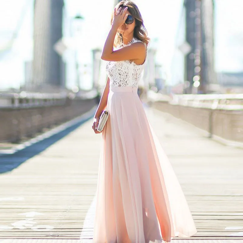 2018 Long Maxi Beach Summer Dress Plus Size Vestido Women Sleeveless Lace Patchwork Chiffon Boho O-Neck Party Dresses | Женская одежда