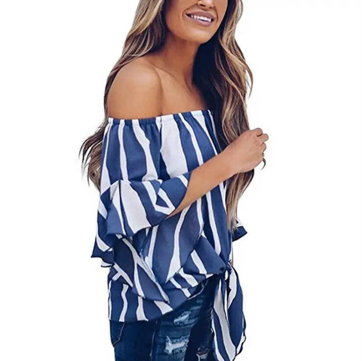 2019 New Arrive Off Shouder Slash Neck Stripe Print Blouse Fashion Tops Women's Autumn Ladies Casual Loose Shirt | Женская одежда