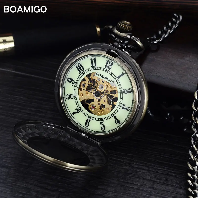 FOB, мужские карманные часы, антикварные механические часы, BOAMIGO, скелет, римские цифры, часы, медная звезда, дизайнерские часы, reloj hombre