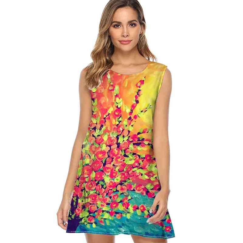 Женское шифоновое платье повседневное мини с принтом без рукавов круглым