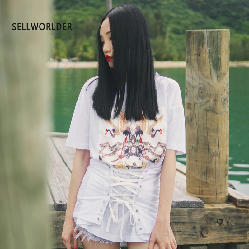 

2019 Women Loose Japan Style white T-shirt Handmade Adjustable waist court girl short sleeve T-Shirt