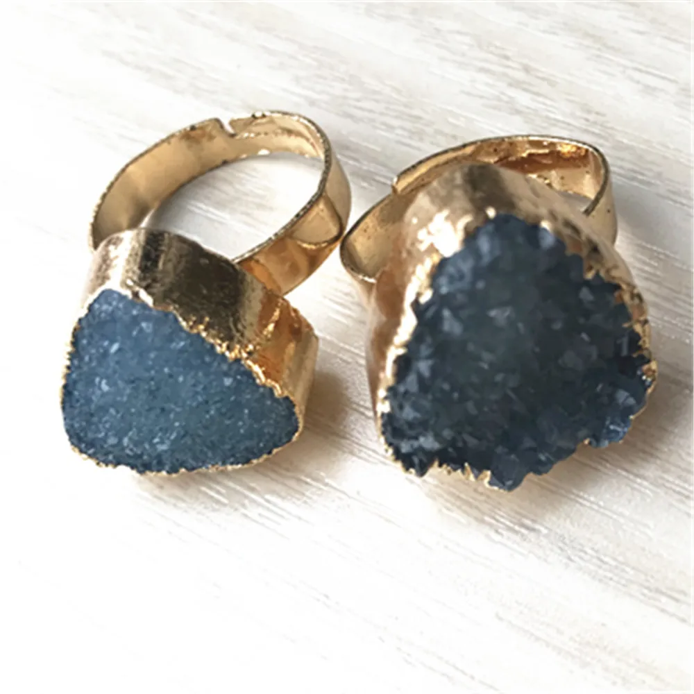 blue Новинка, хит, 1 шт., треугольные, модные, натуральные, друзы, Агаты, кольца с камнем, Золотые платины для женщин, мужчин, девушек, для свадебной вечеринки - Цвет основного камня: blue