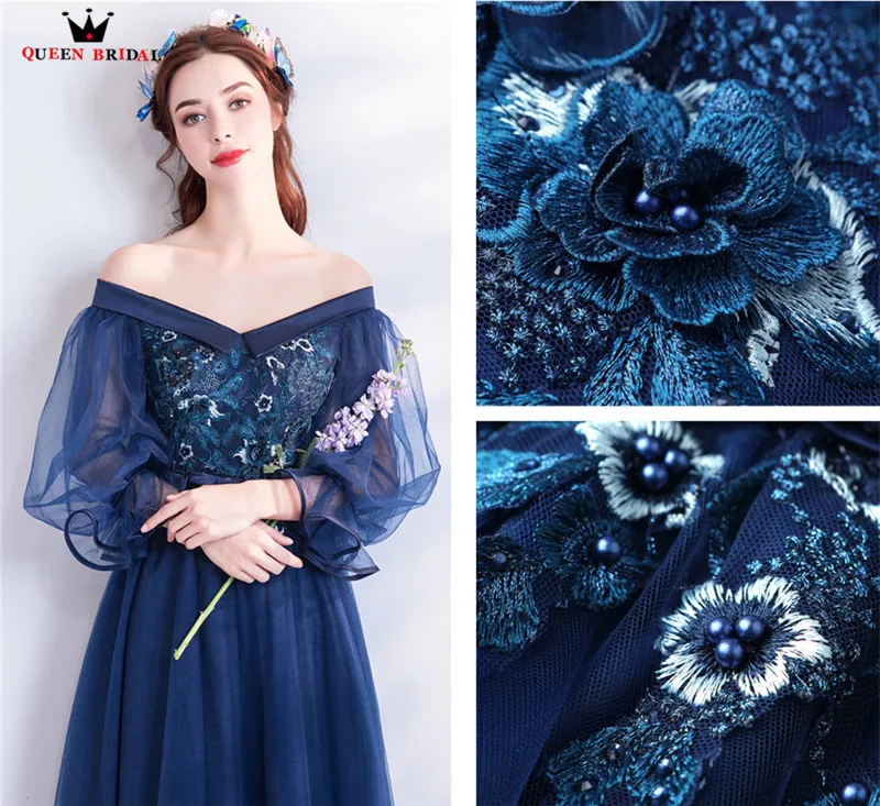 A-Line тюлевые цветы украшенные бисером Длинные вечерние синие платья 2020 Новый