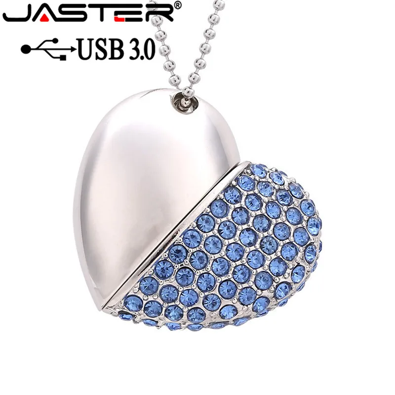 JASTER USB 3,0 Металлический Хрустальный USB флеш-накопитель с сердцем, Подарочная Флешка 8 ГБ/16 ГБ/32 ГБ/64 ГБ, карта памяти со стразами