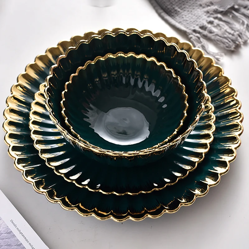 Набор керамической посуды темно зеленая тарелка миска ложка набор неправильной