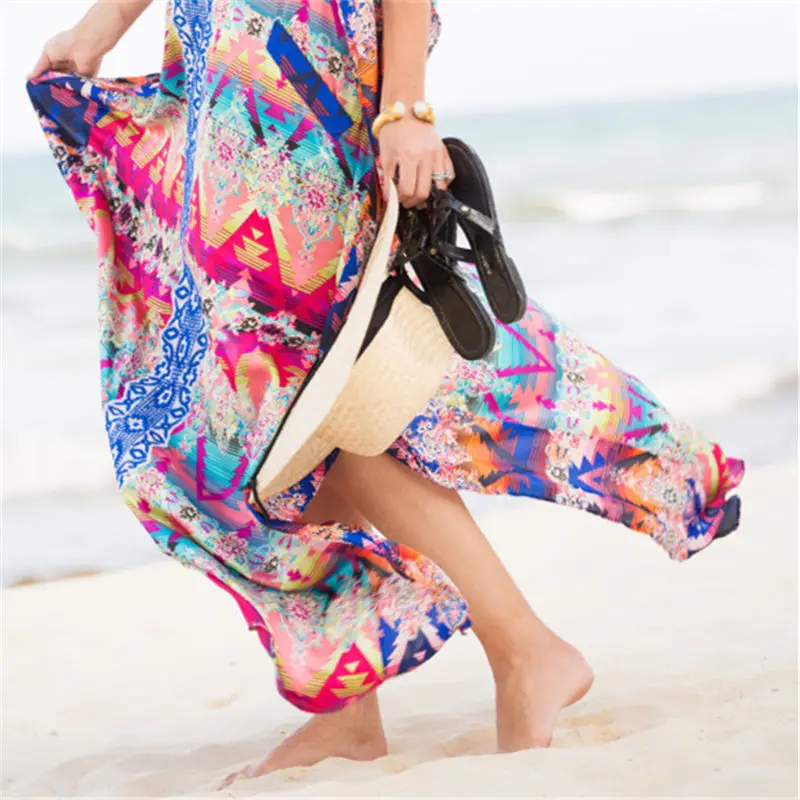 Богемное длинное пляжное платье до щиколотки с принтом Туника женская летняя