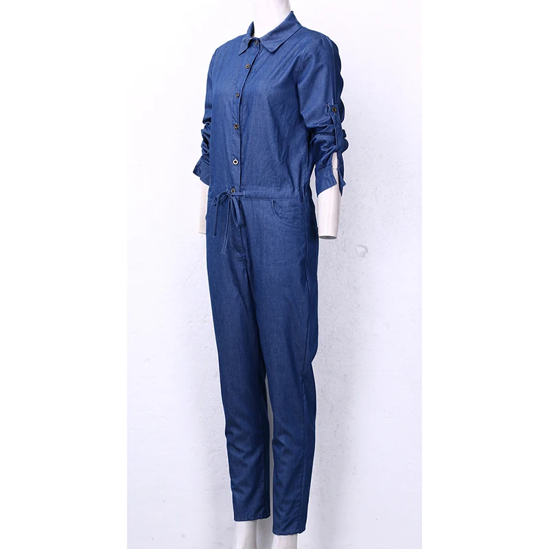 Женский комбинезон с длинным рукавом однотонный синий повседневный отложным