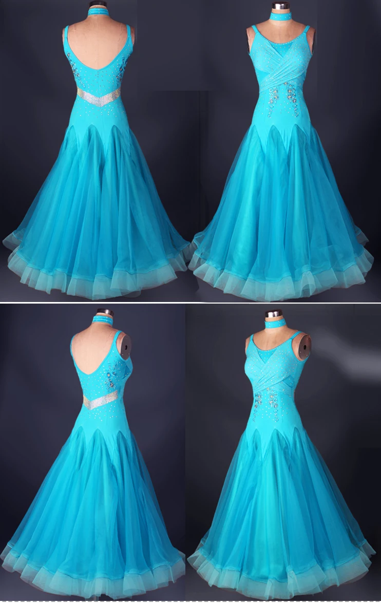 

customize sleeveless blue adult Viennese Ballroom Fox trot Quick step tango Modern galop Waltz diamond competition Dance Dress