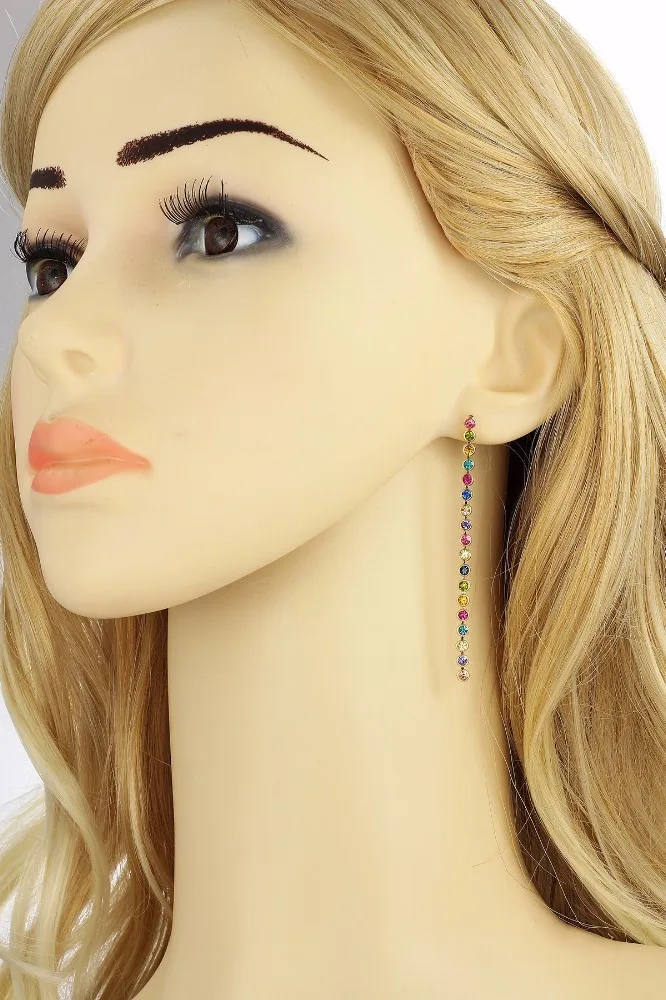 Желтое Золото Цвет Multi-Цвет Радуга вокруг кристаллы падение длинной цепи Серьги