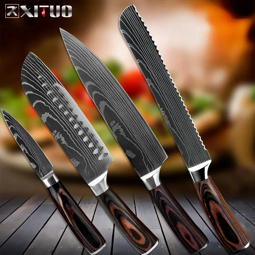 4PCS set XITUO набор кухонных ножей шеф-повара из дамасской нержавеющей стали, набор кухонных ножей из 4 предметов, высокоуглеродное лезвие с деревянной ручкой - Цвет: 4PCS set
