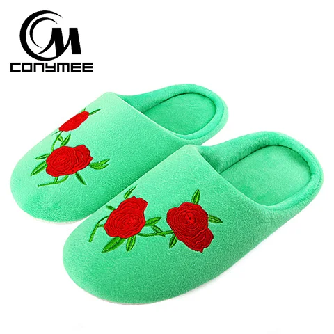 QWW-MG Green 2 CONYMEE/мягкий коралловый бархат Главная тапочки для женщин зимняя теплая Домашняя обувь на плоской подошве милые вышитые цветы Pantufa хлопковые тапочки - Цвет: QWW-MG Green 2