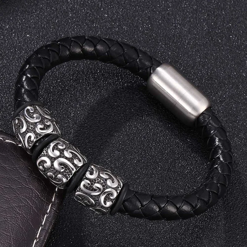 

Trendy Leather Bracelets Men Handmade Small Adorn Article Stainless Steel Magnetic Clasp Bracelets Punk Jewelry Gift BB0126
