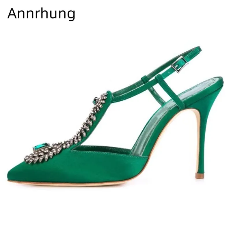 

Jeweled Rhinestone Luxury Satin Sandals Women Stiletto Heel Pointed Toe Multicolor Crystal Summer Shoes Woman
