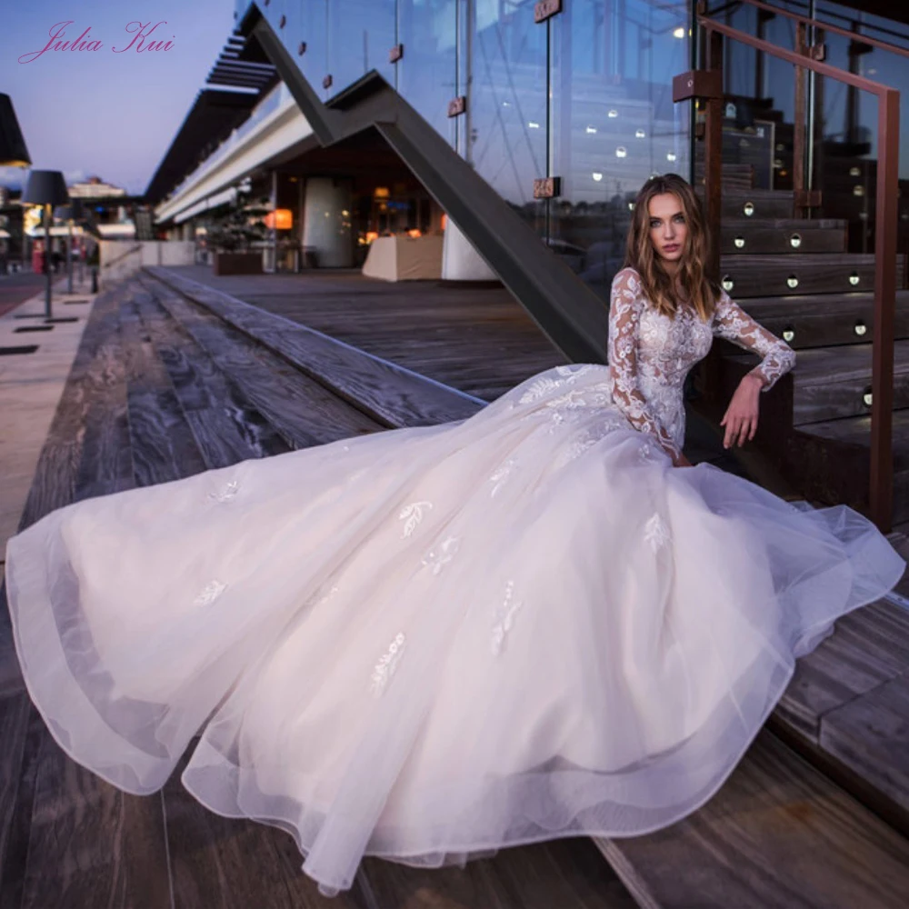 

Julia Kui Robe De Mariage Full Sleeve New Arrival A Line Wedding Dress Elegant Scoop Appliques Lace Floor Length Bridal Dress