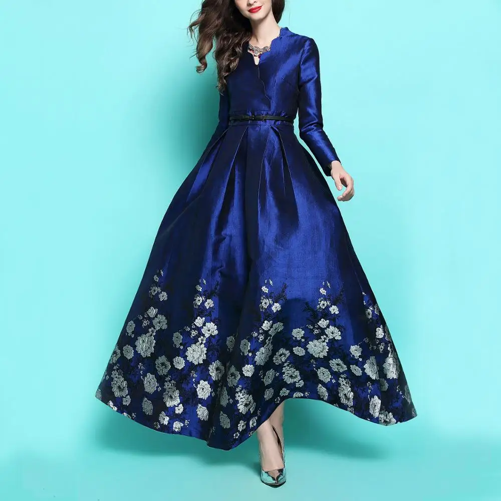 Spring and autumn petals V collar long sleeved luxury jacquard super pendulum dress-L849 | Женская одежда