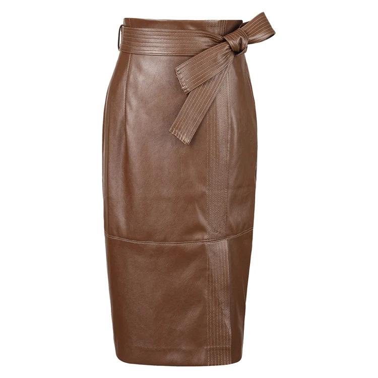 2136KHAKI Юбка из искусственной кожи с высокой талией и поясом; сезон весна-осень; элегантные короткие юбки на молнии; цвет черный, зеленый; женские юбки - Цвет: 2136KHAKI