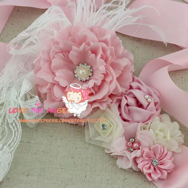 Цветок девушка розовый пояс шифон Кружева Цветы Жемчуг с перьями лента для