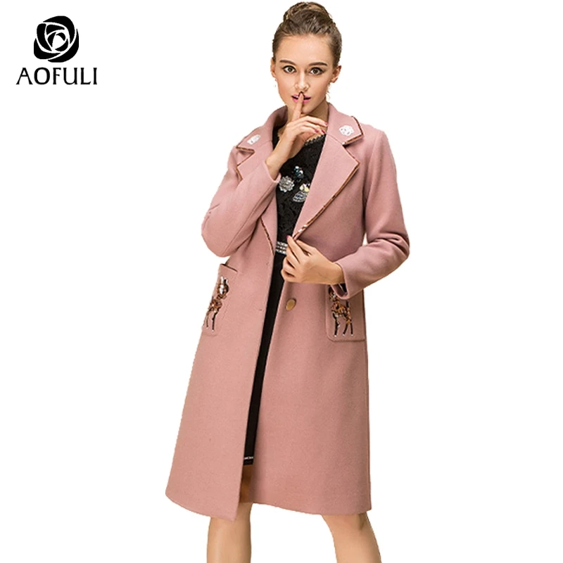 AOFULI M Xxxl 4xl 5xl женское длинное шерстяное пальто с блестками и оленем Длинные Топы