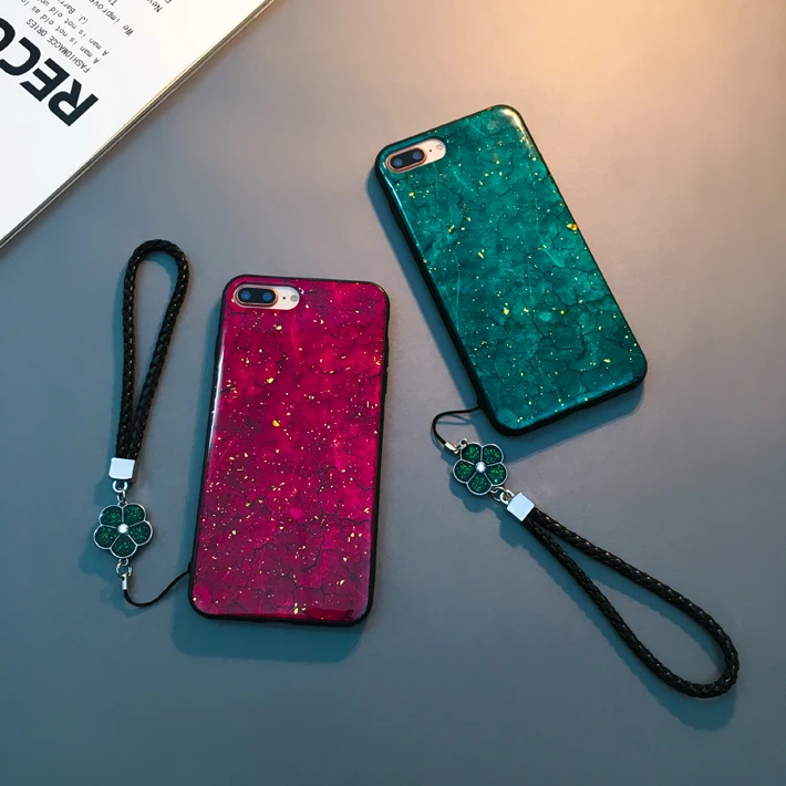 Retro Gold Foil Phone Case For iphone 6 6S 7 8 Plus Fashion Glitter Shining Cover x xs max xr with flower strap |