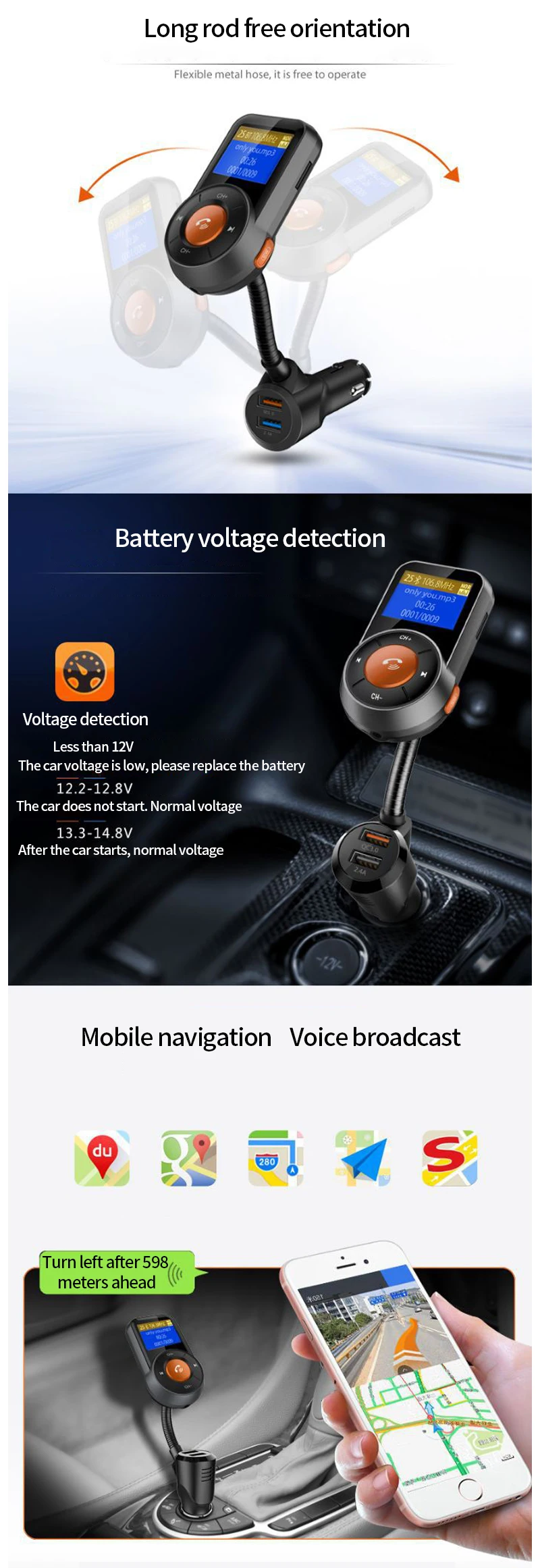 Автомобильный прикуриватель зарядное устройство QC 3,0 Быстрая зарядка Bluetooth Handfree Автомобильный комплект fm-передатчик MP3 плеер дисплей разветвитель гнезд