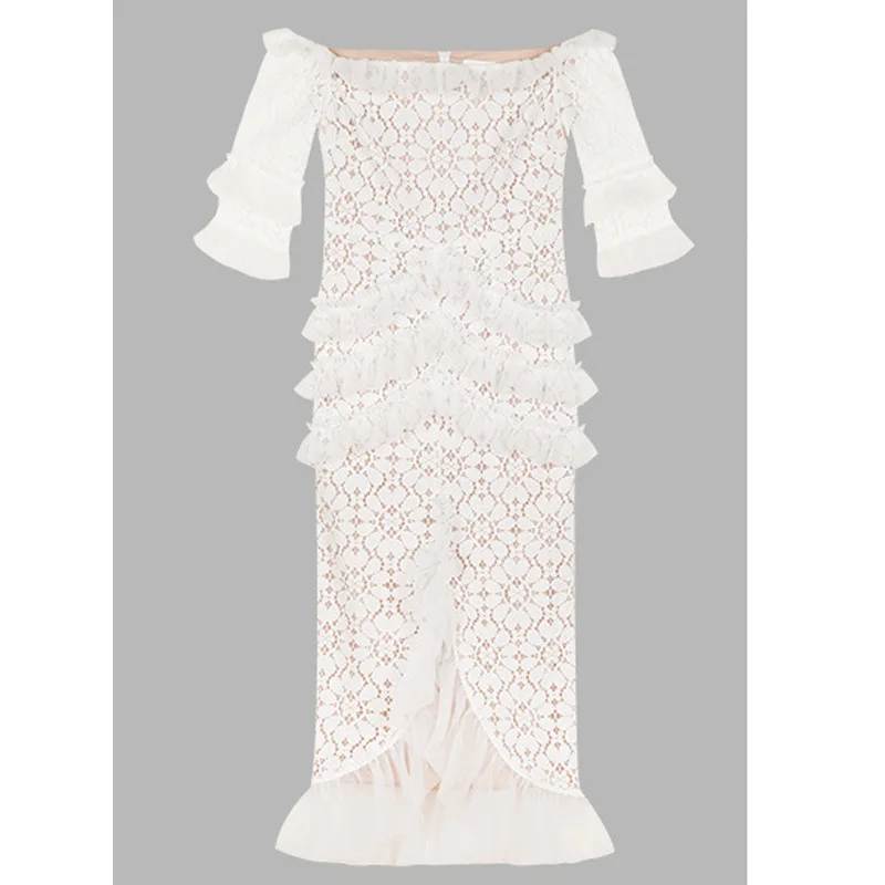 Женское кружевное платье средней длины Тюлевое облегающее с оборками и коротким